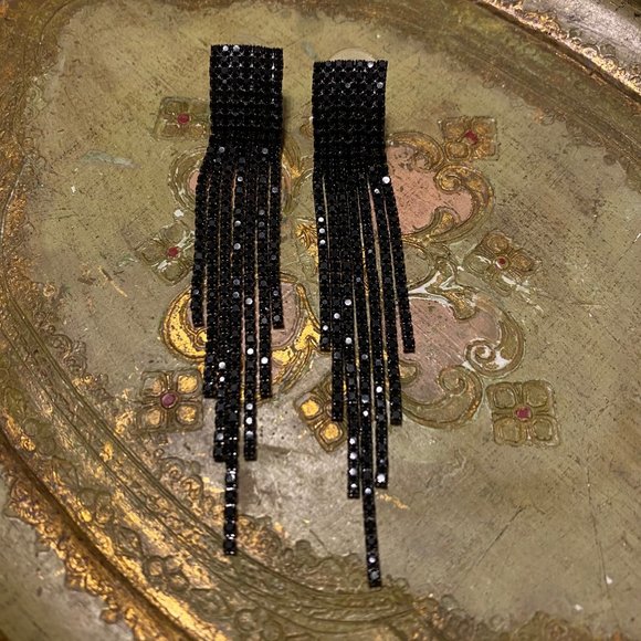 BLACK RHINESTONE CRYSTAL DANGLE 80S 90S - Picture 8 of 13